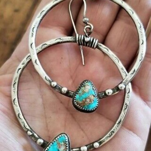 New 925 Silver Stamped Turquoise Hoops - Picture 3 of 5